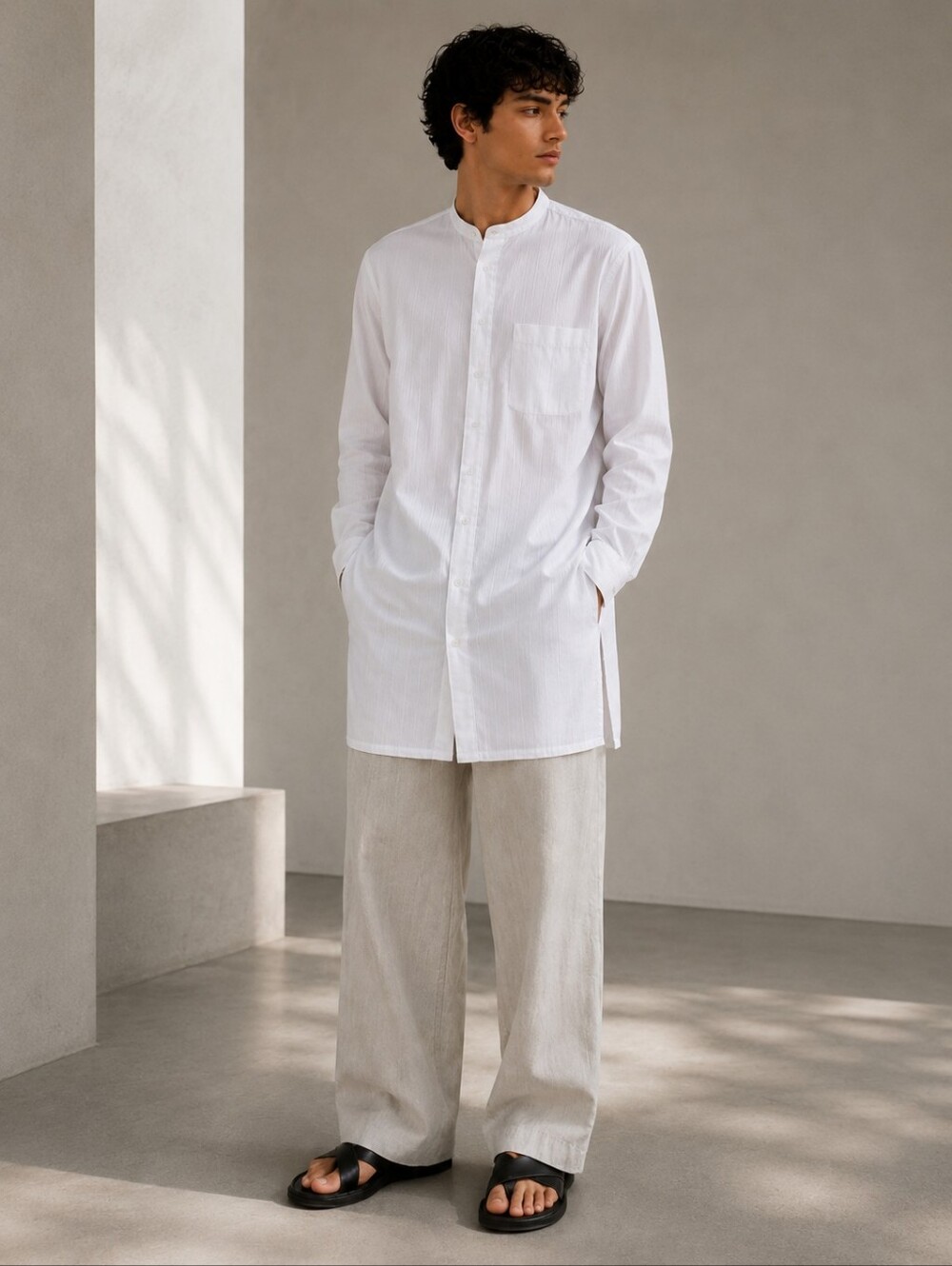 COS Men Longline Tunic Shirt Japanese Minimalist Band Collar Cotton Kurta S
